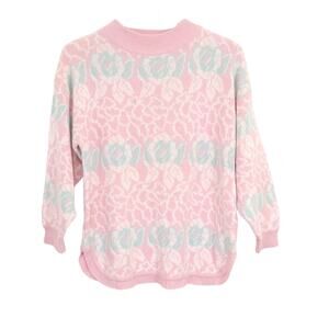 VTG Pink Blue Pastel Floral High Mock Neck  Sweater Sz Large Soft Ramie Blend